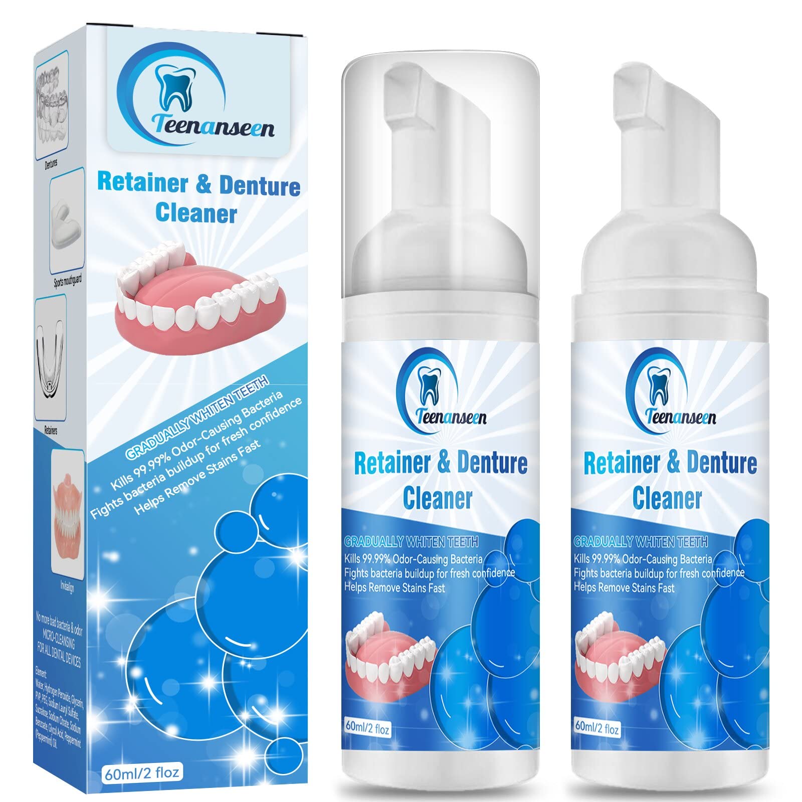 2-pack Aligner Cleaner, Denture Cleaner and Whitener Foam bottle