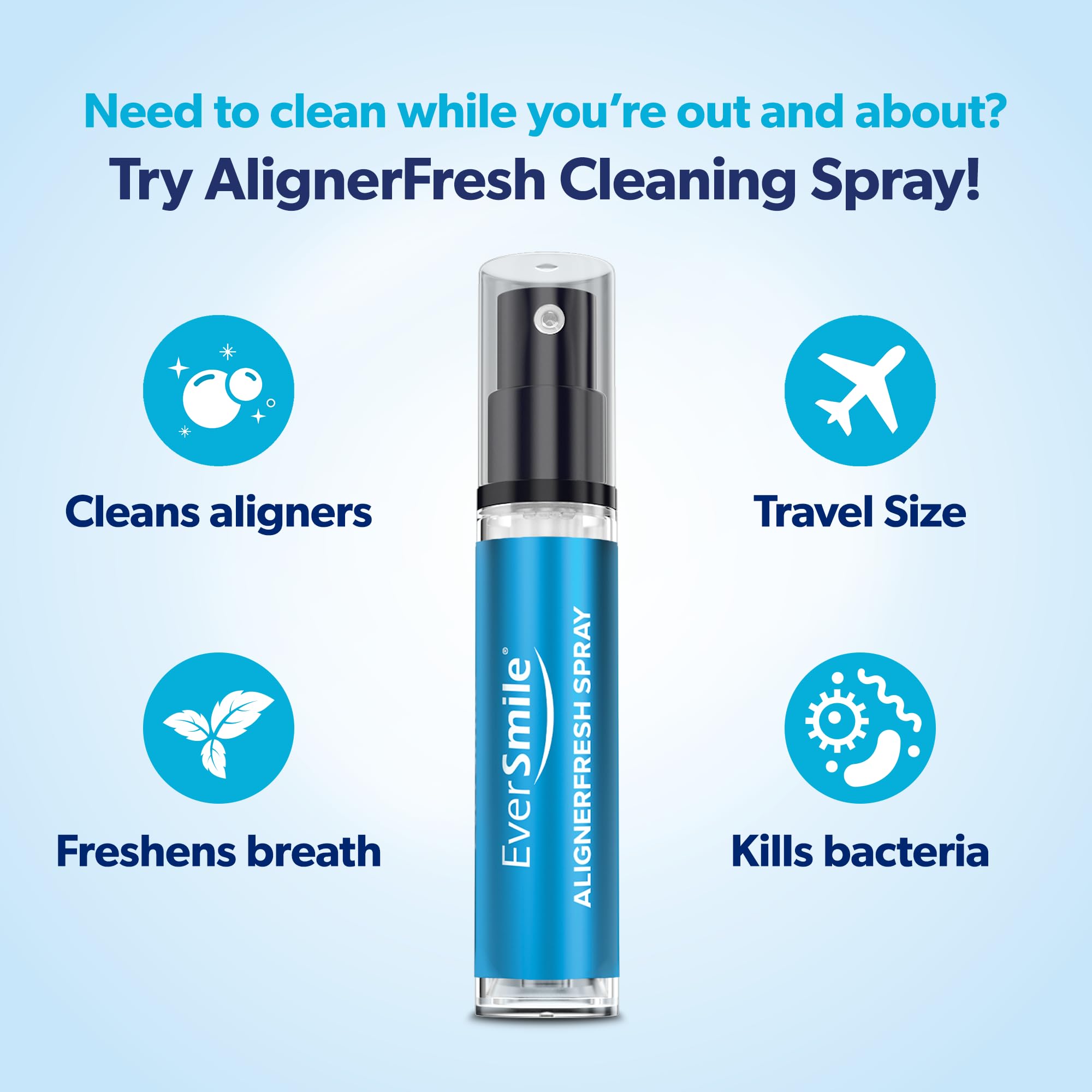 Close-up of AlignerFresh Cleaning Spray with mint label