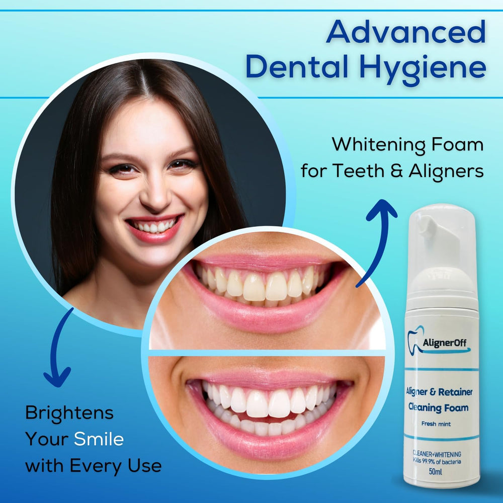Aligners and retainers undergoing cleaning with foam