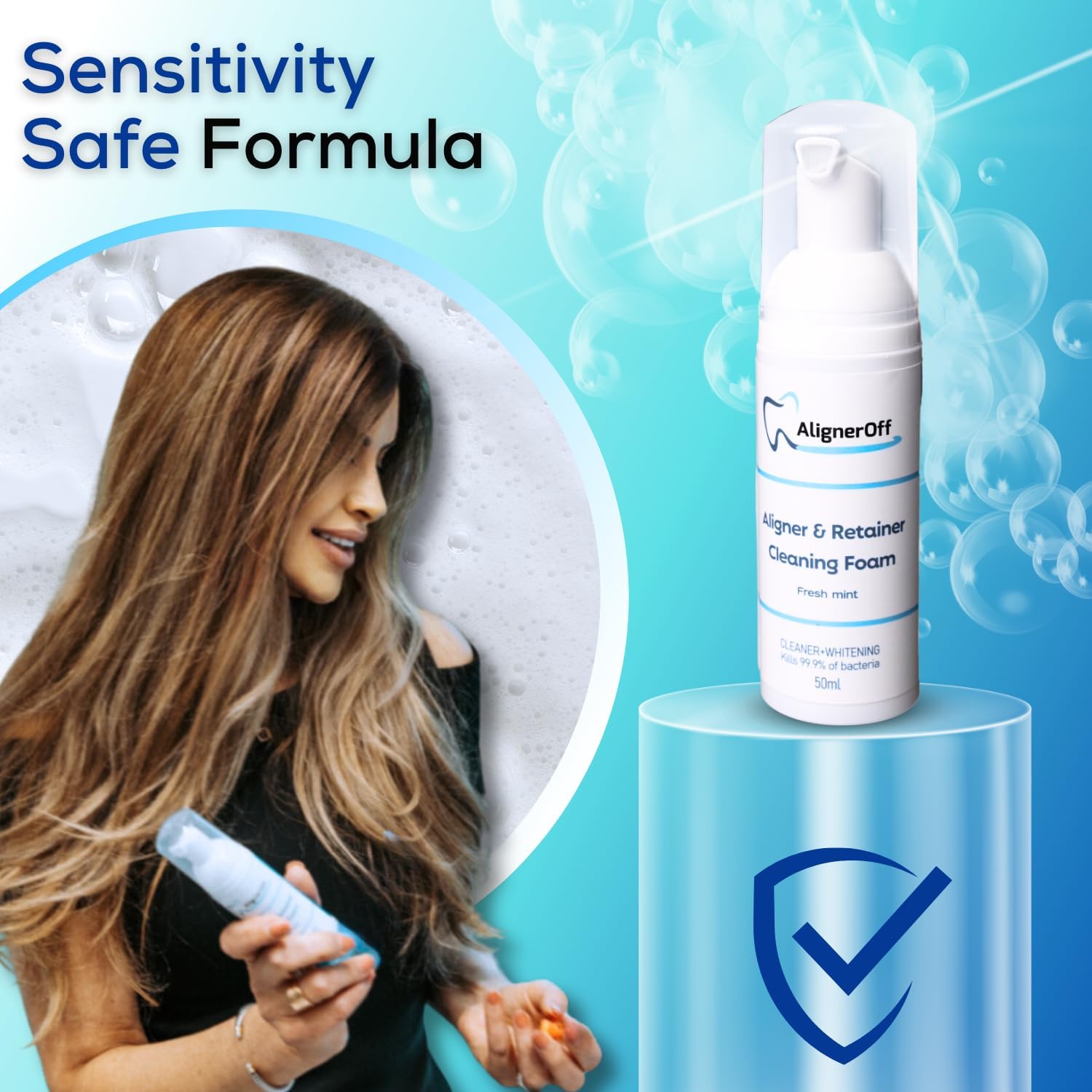 Sparkling smile after using AlignerOff White Foam Cleaner