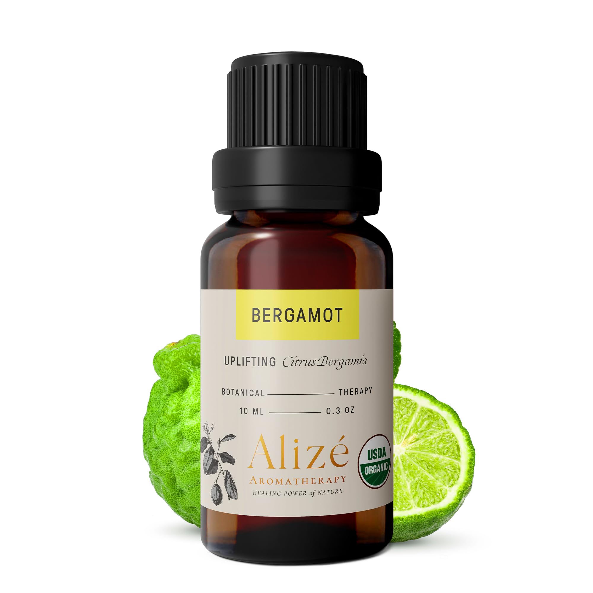 Dark glass bottle of Alizé Bergamot Essential Oil with dropper