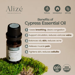 Cypress essential oil bottle with side label detail