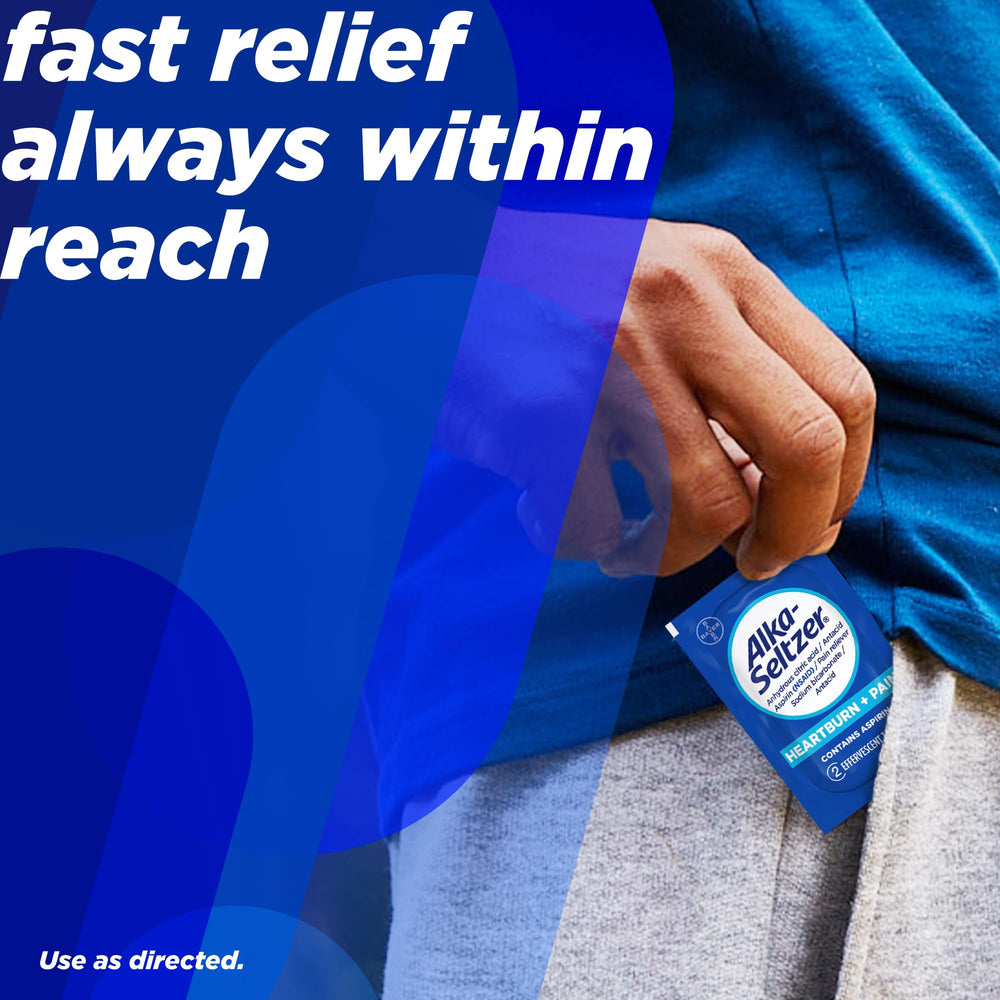 Alka-Seltzer 36-sachet packaging emphasizes portability and convenience.