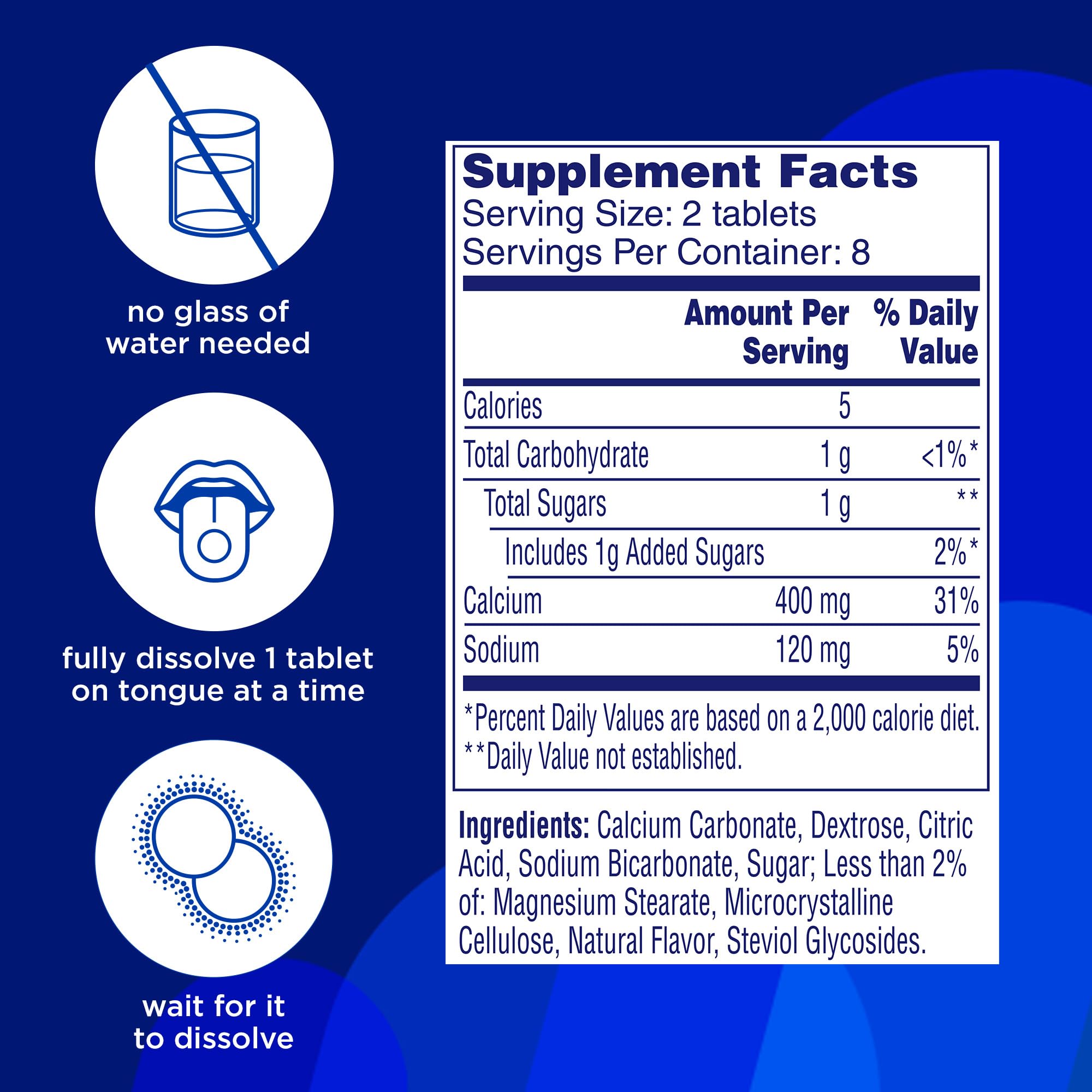 Alka-Seltzer Fizzy Melts calcium carbonate base for fast acid neutralization.