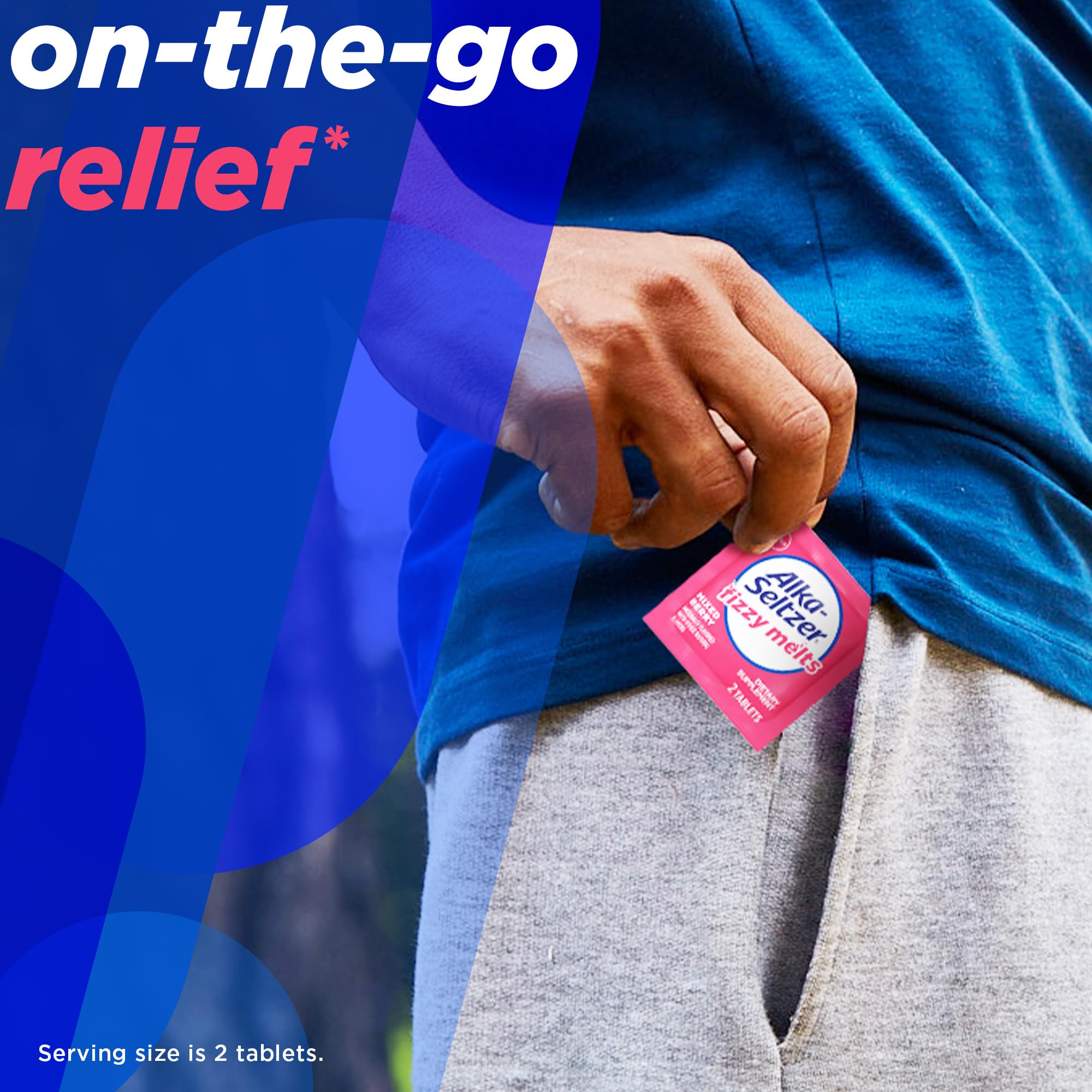 Alka-Seltzer Fizzy Melts portable 2-tablet pouch keeps relief handy.