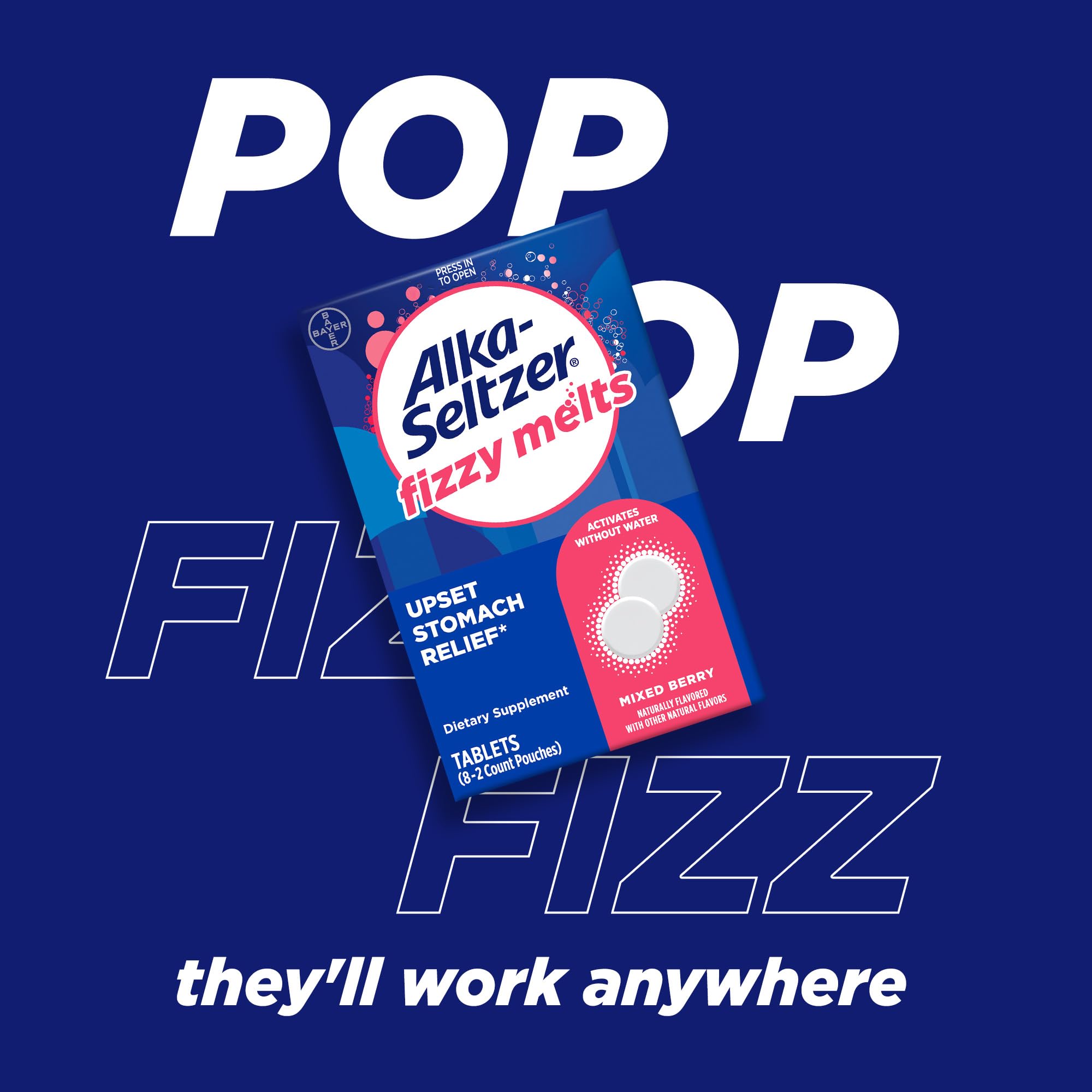 Alka-Seltzer Fizzy Melts purse-friendly travel pack for quick access.