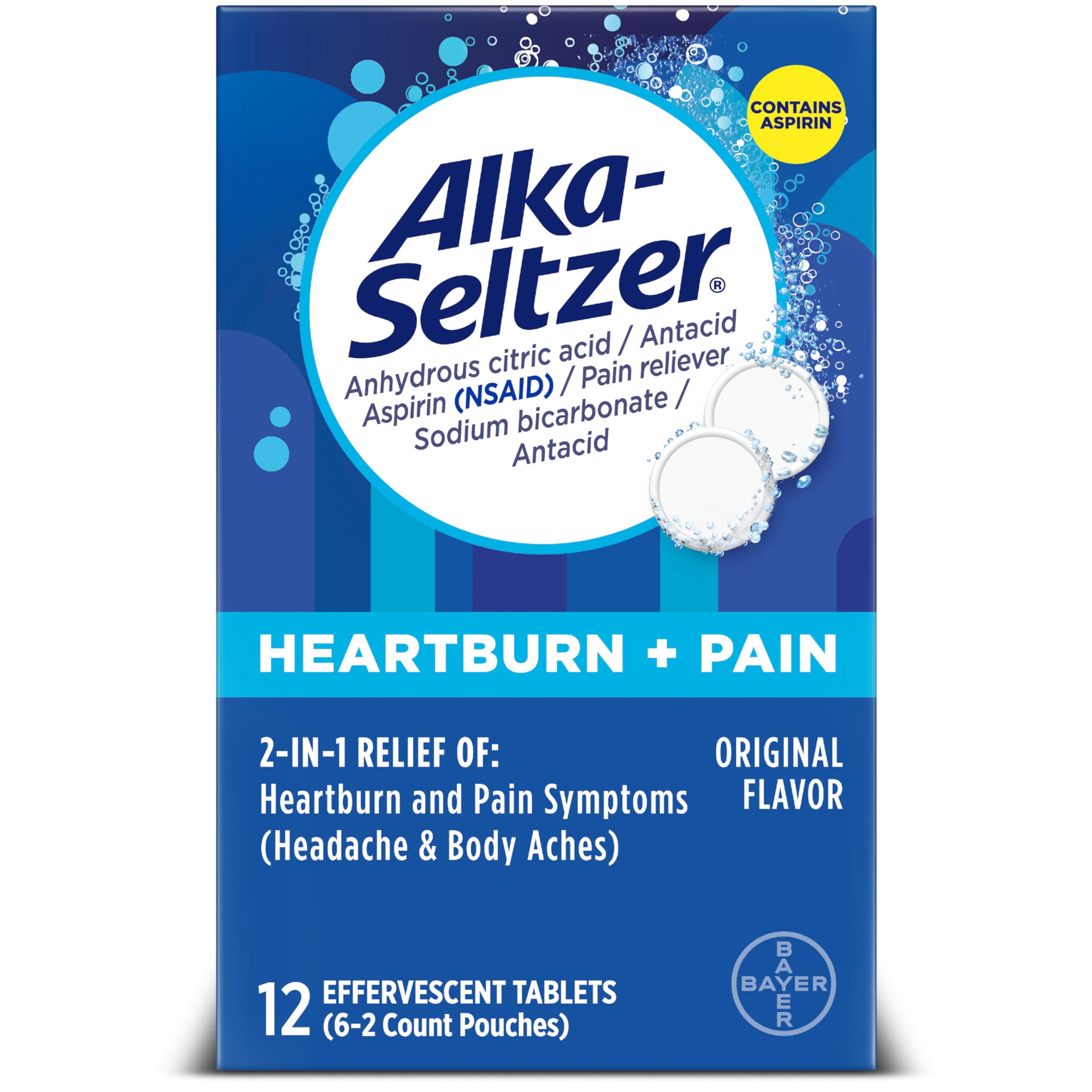 Alka-Seltzer heartburn pain tablets dissolve in water for quick relief.