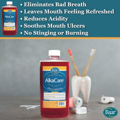 Pouring AlkaCare mouthwash into a measuring cup