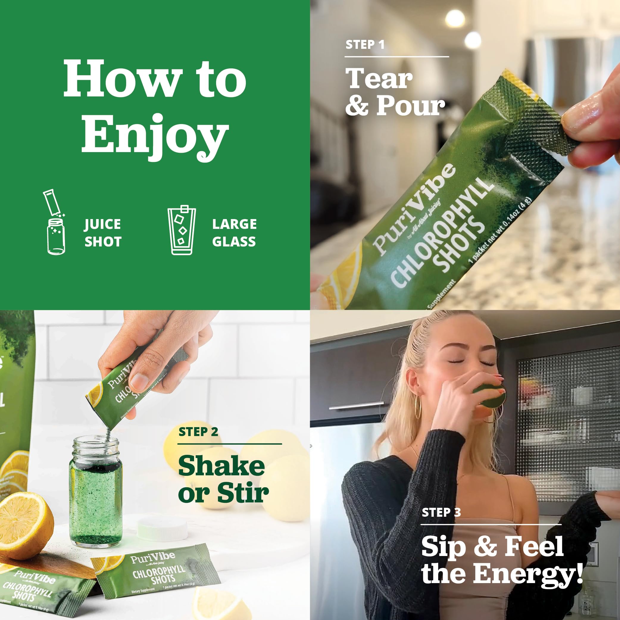 All About Juicing Chlorophyll Shot ingredients list highlights apple lemon flavor