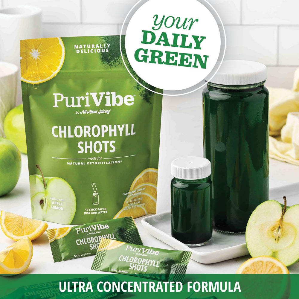 All About Juicing Chlorophyll Shot lemon-apple blend for refreshing taste