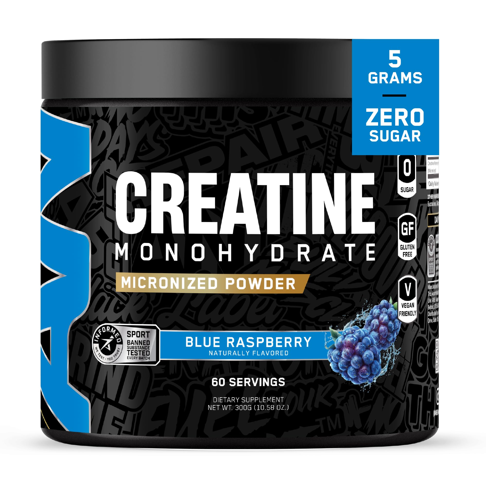 All Black Everything Creatine Monohydrate bottle with Blue Razz flavor