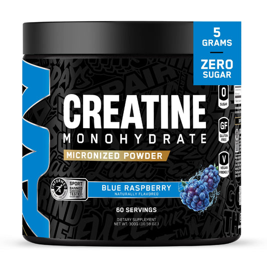 All Black Everything Creatine Monohydrate bottle with Blue Razz flavor