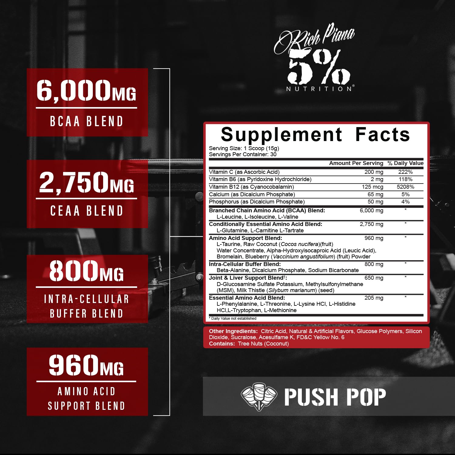 Back label with nutrition facts and ingredients for AllDayYouMay BCAA powder