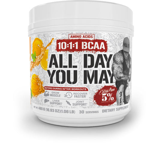 Front label of 5% Nutrition AllDayYouMay BCAA powder