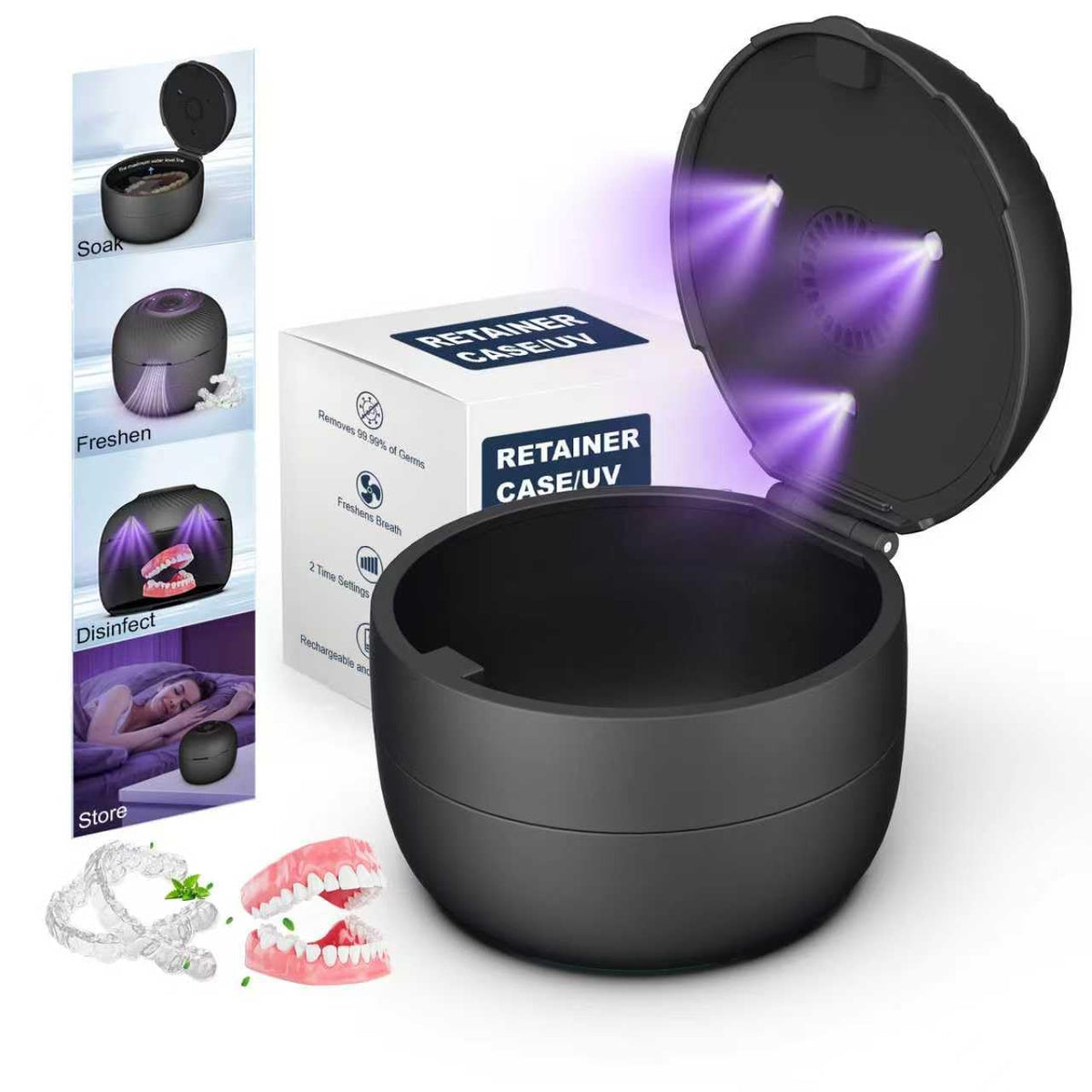 Two-part denture and retainer case with soaking box
