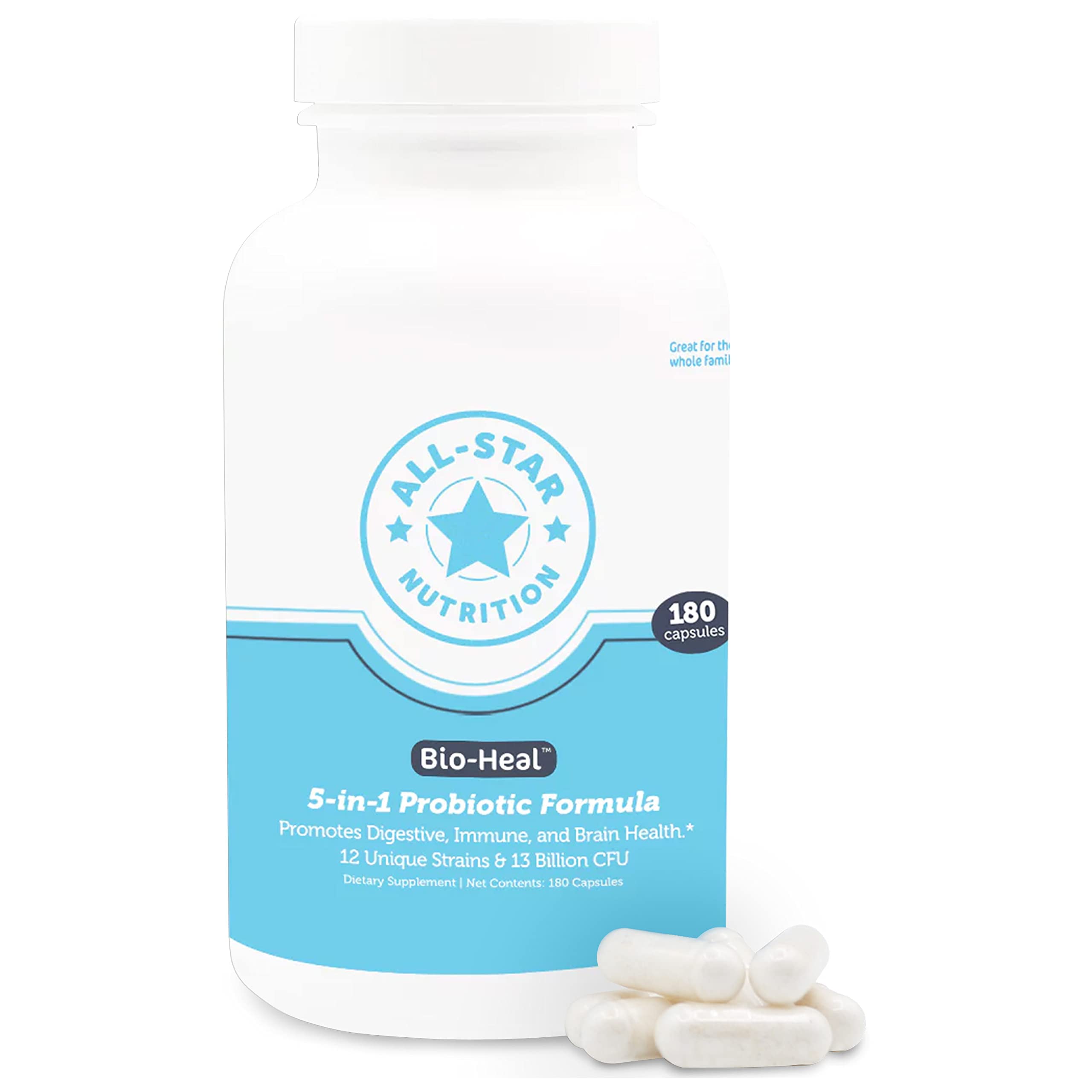All-Star Nutrition Bio-Heal bottle with 12 strains supports balanced gut flora and daily wellness.