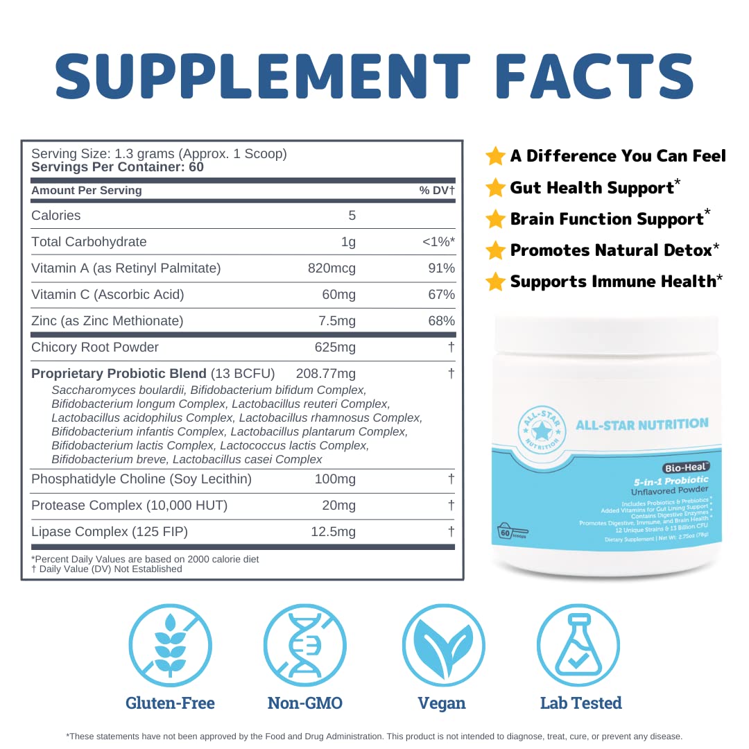 Bio-Heal powder scoop highlighting daily serving for digestive support.