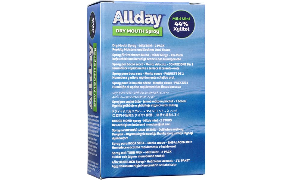 Product label of Allday Dry Mouth Spray Pack of 2