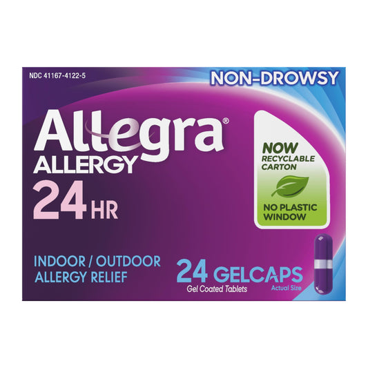 Allegra adult 24-hour relief gelcaps bottle promising fast, non-drowsy allergy relief.