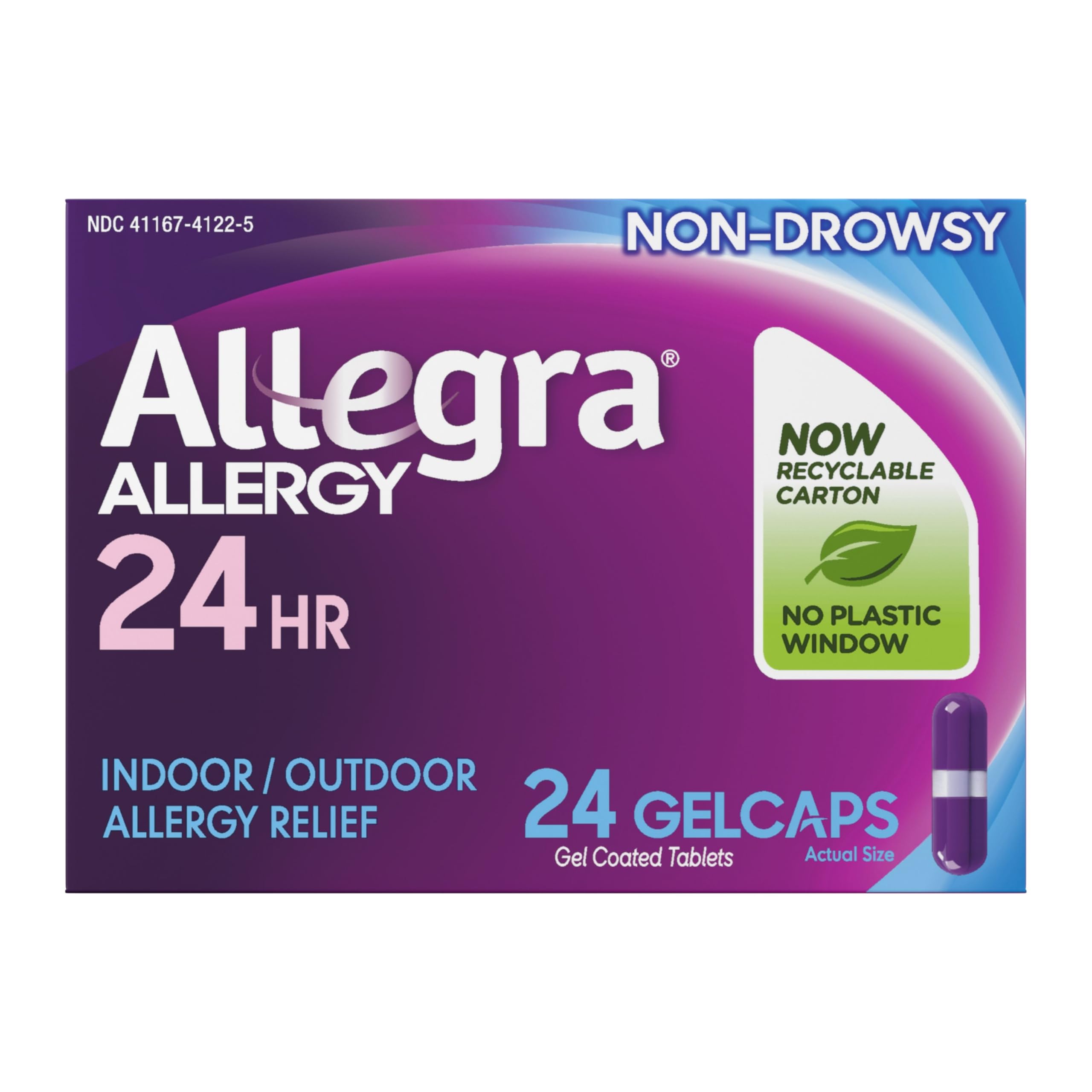 Allegra adult 24-hour relief gelcaps bottle promising fast, non-drowsy allergy relief.