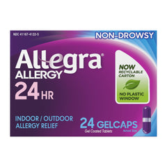 Allegra adult 24-hour relief gelcaps bottle promising fast, non-drowsy allergy relief.