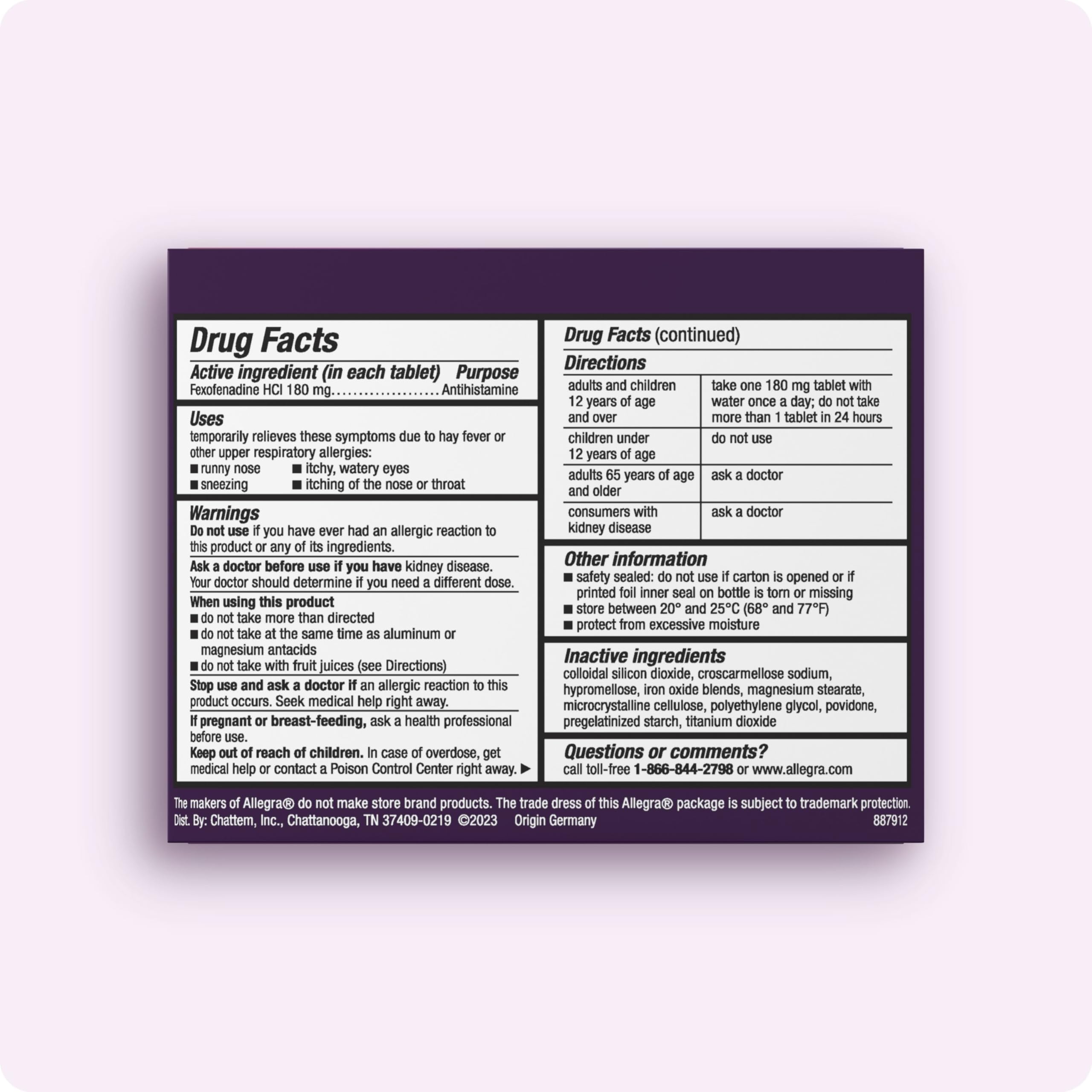 Allegra Adult 24-Hour Relief pack back reveals dosage and usage details for confidence.