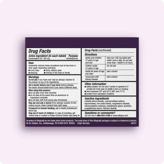 Allegra Adult 24-Hour Relief pack back reveals dosage and usage details for confidence.