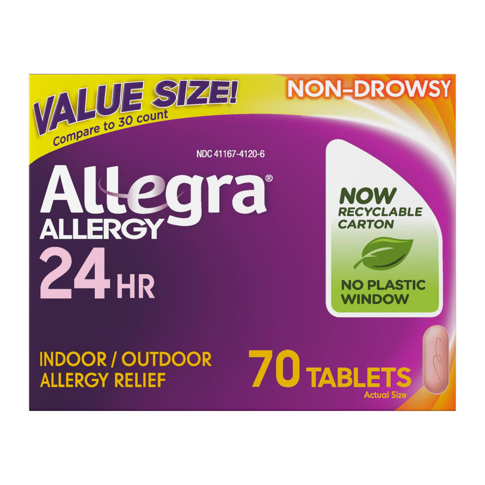 Allegra Adult 24-Hour Relief pack front shows 70-count bottle for all-day allergy support.