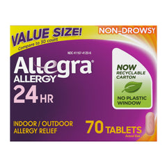 Allegra Adult 24-Hour Relief pack front shows 70-count bottle for all-day allergy support.