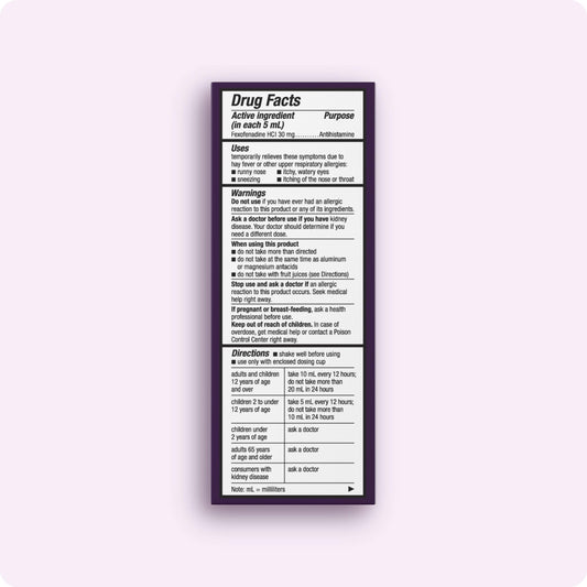 Back label showing active ingredient fexofenadine 30 mg for Allegra Children's Liquid