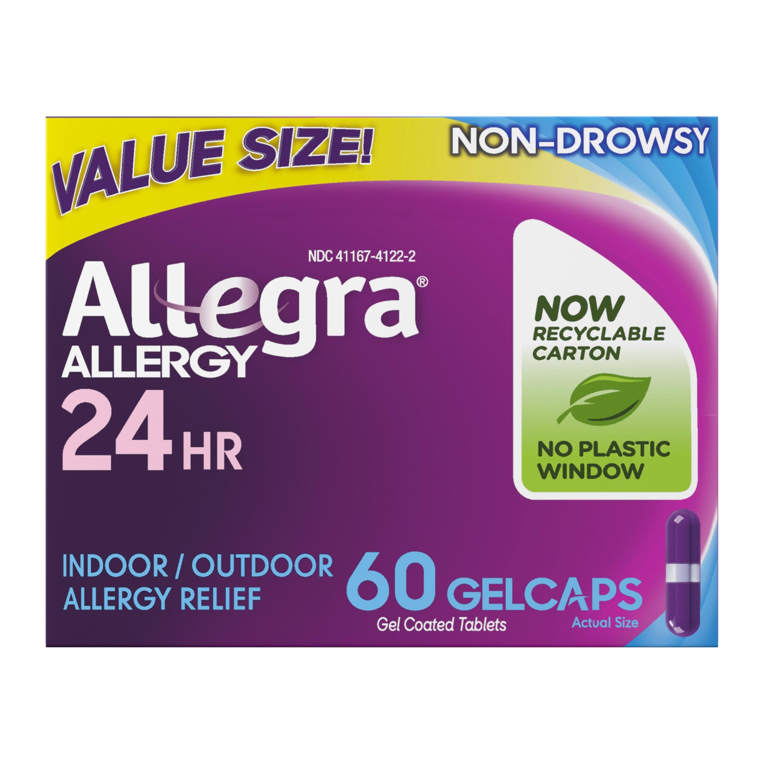 Allegra gelcaps bottle front shows 60-count packaging for non-drowsy allergy relief