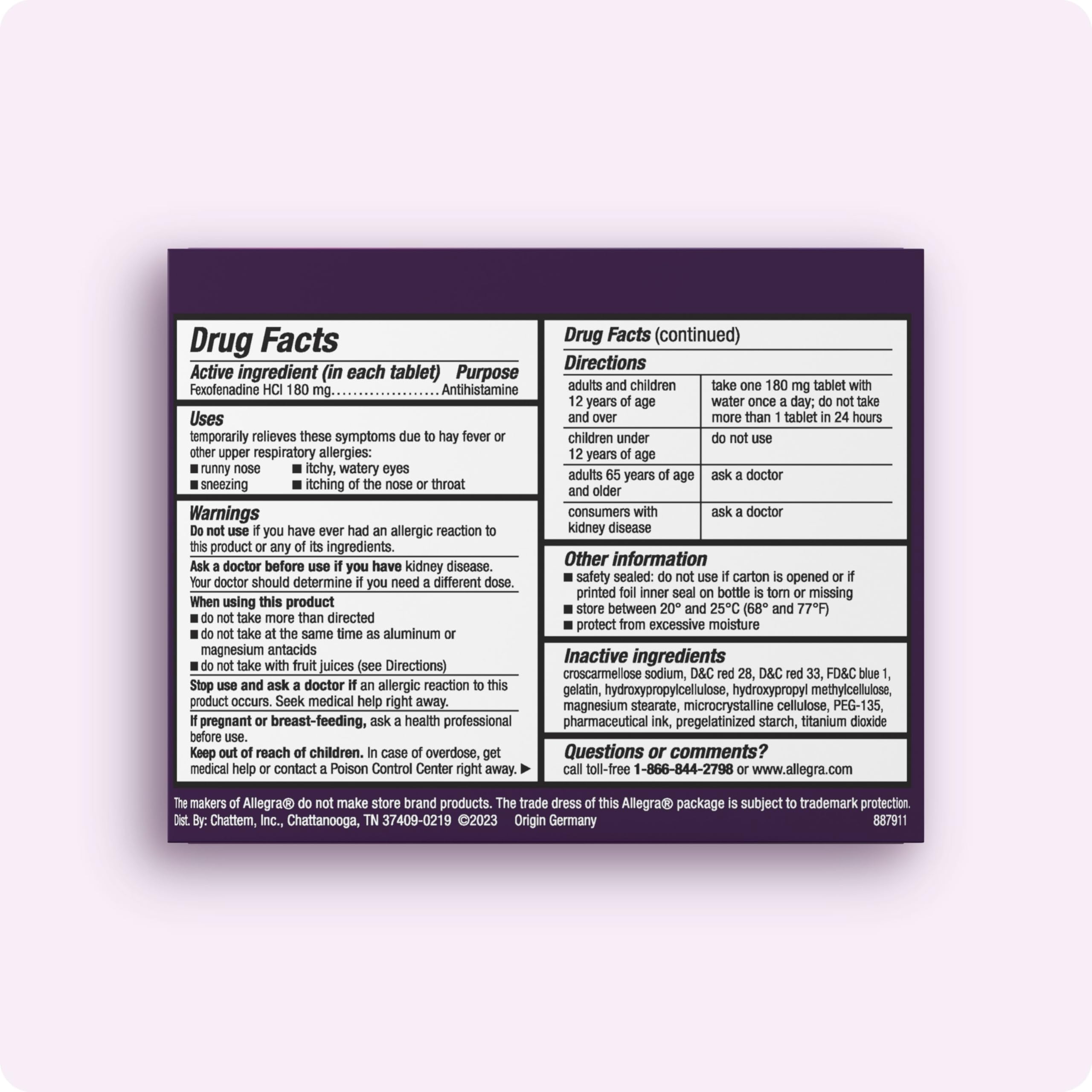 Allegra gelcaps bottle label close-up highlights 180 mg fexofenadine HCI for 24-hour relief