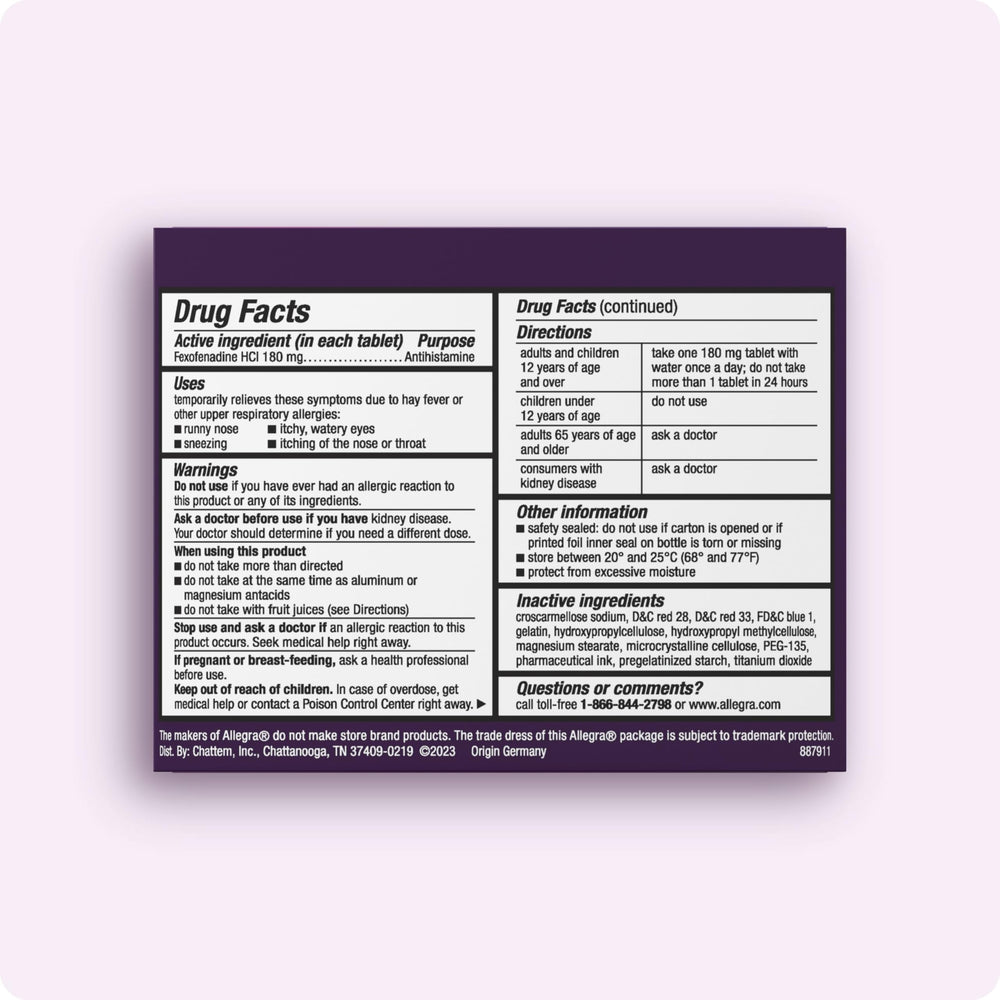 Allegra gelcaps bottle label close-up highlights 180 mg fexofenadine HCI for 24-hour relief