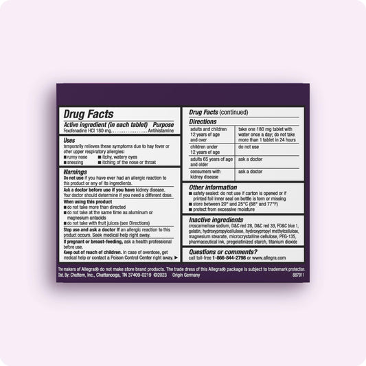 Allegra gelcaps bottle label close-up highlights 180 mg fexofenadine HCI for 24-hour relief