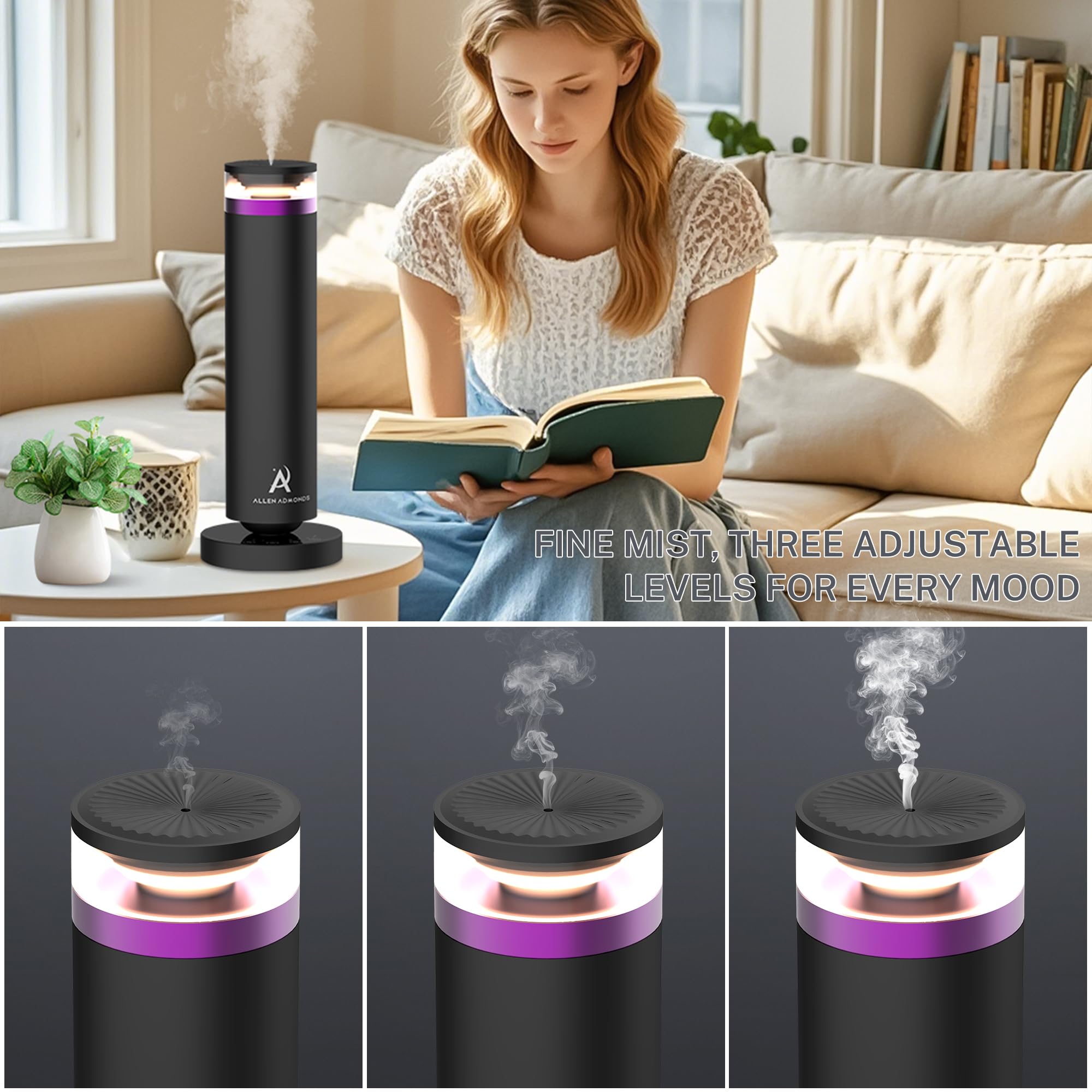 Allen Admonds waterless diffuser remote control close-up for effortless mist adjustments.