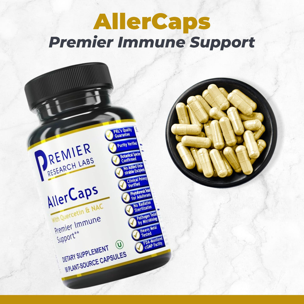 AllerCaps capsules showing NAC, bromelain and quercetin ingredients