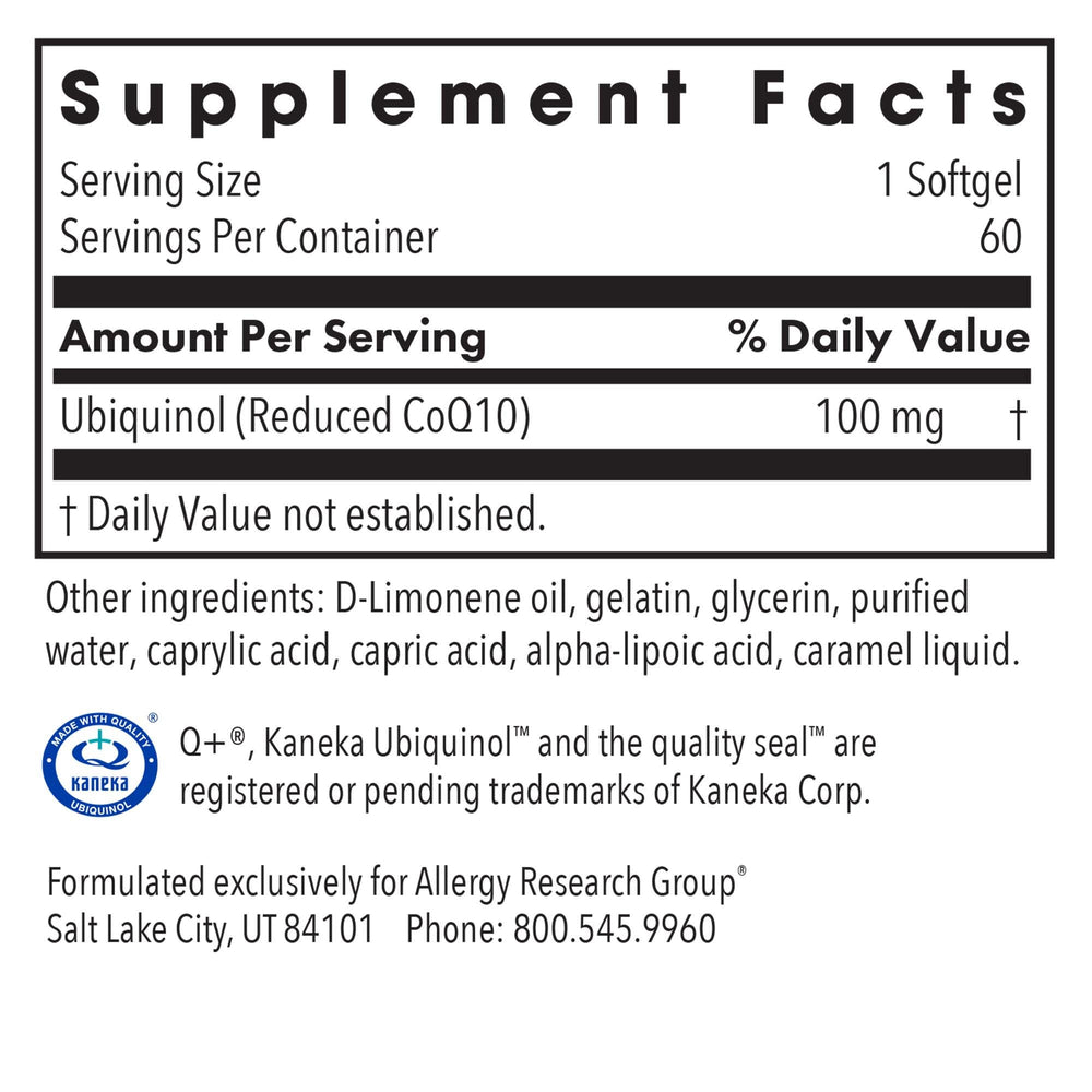 Packaging and bottle of Allergy Research Group CoQH-CF Ubiquinol