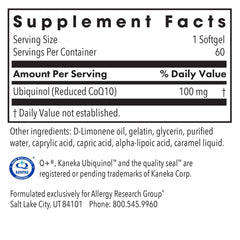 Packaging and bottle of Allergy Research Group CoQH-CF Ubiquinol