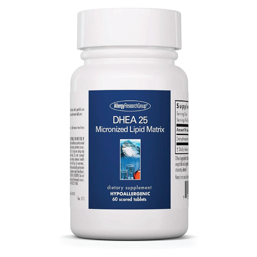 Bottle of Allergy Research Group DHEA 25mg supplement containing 60 tablets