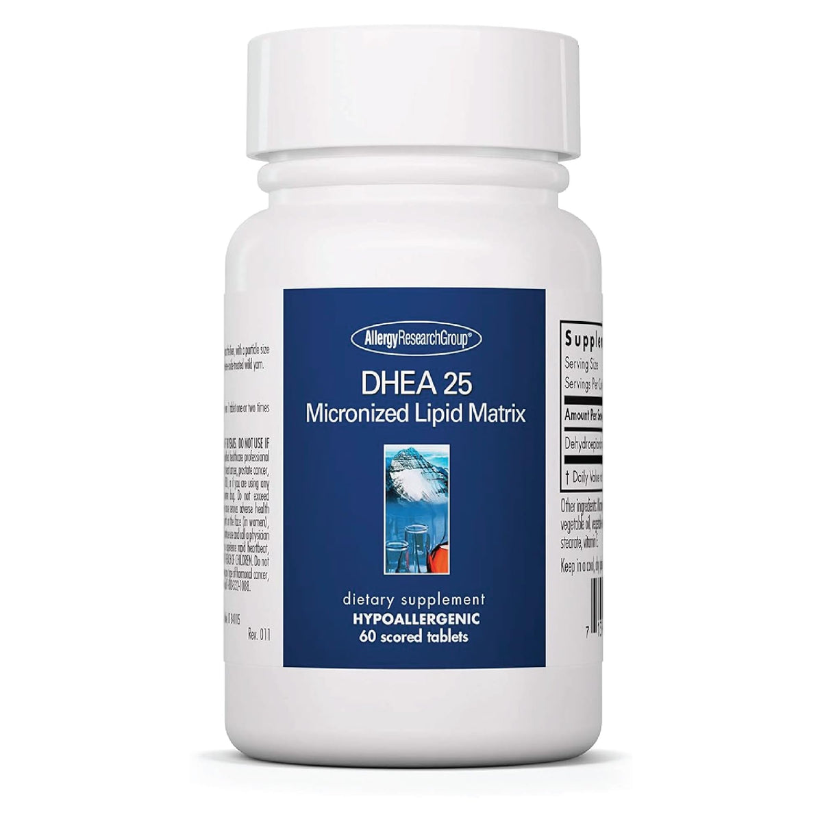 Bottle of Allergy Research Group DHEA 25mg supplement containing 60 tablets