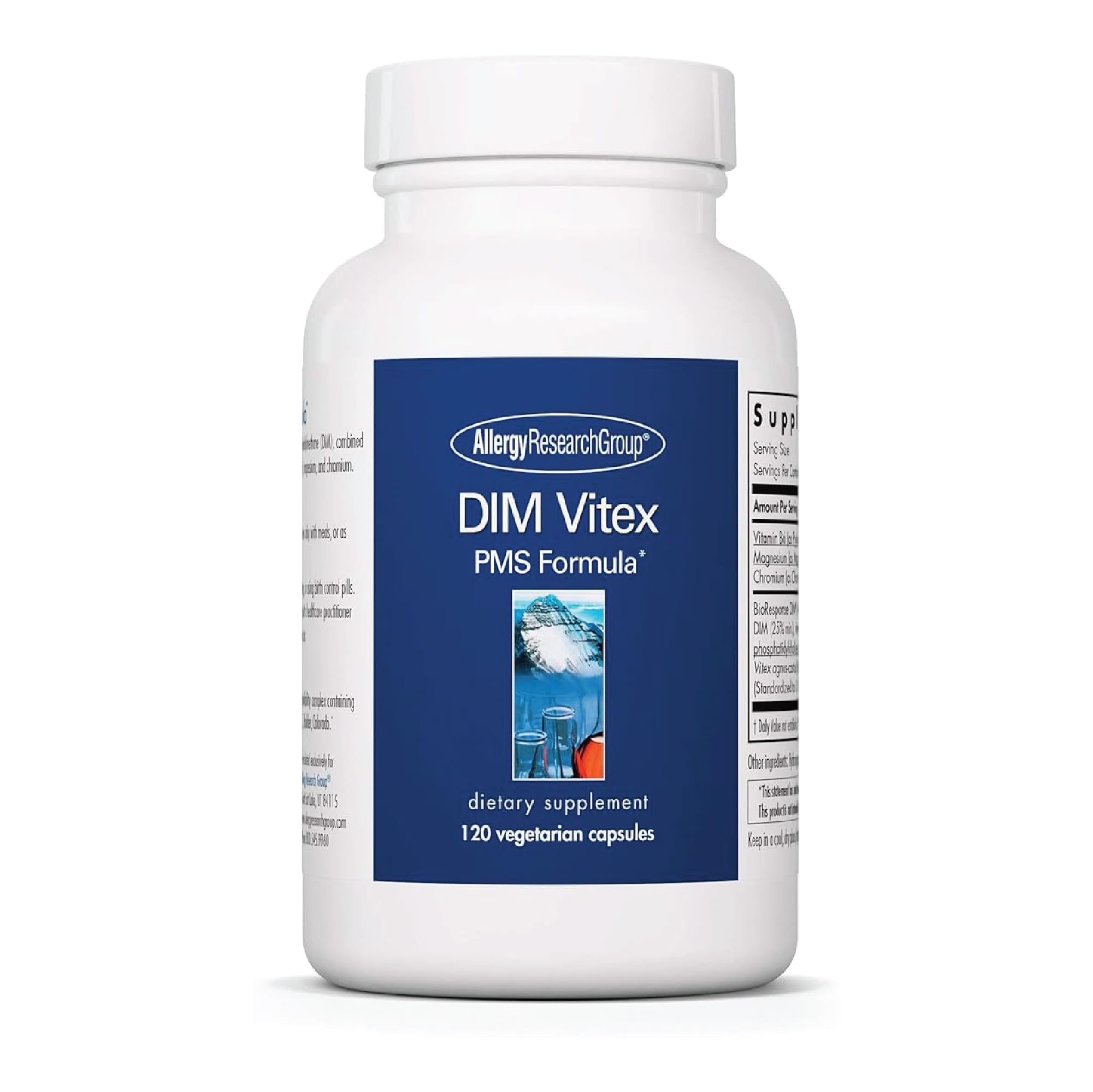 Bottle of Allergy Research Group DIM Vitex supplement with hypoallergenic vegetarian capsules.