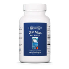 Bottle of Allergy Research Group DIM Vitex supplement with hypoallergenic vegetarian capsules.