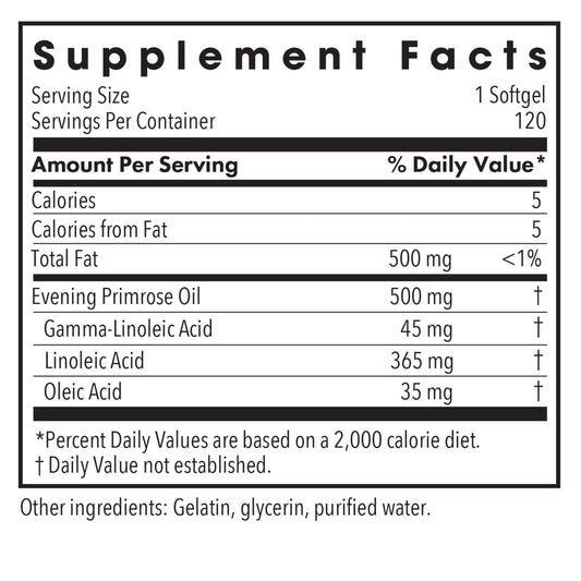 Back label with supplement facts for Allergy Research Group EPO Evening Primrose Oil