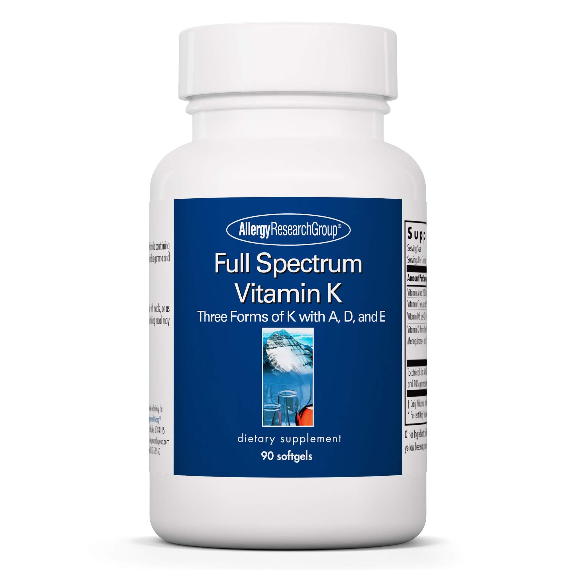 Front view of Allergy Research Group Full Spectrum Vitamin K bottle, 90 softgels
