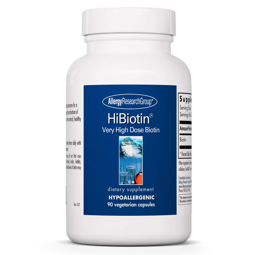 HiBiotin supplement bottle label showing Allergy Research Group