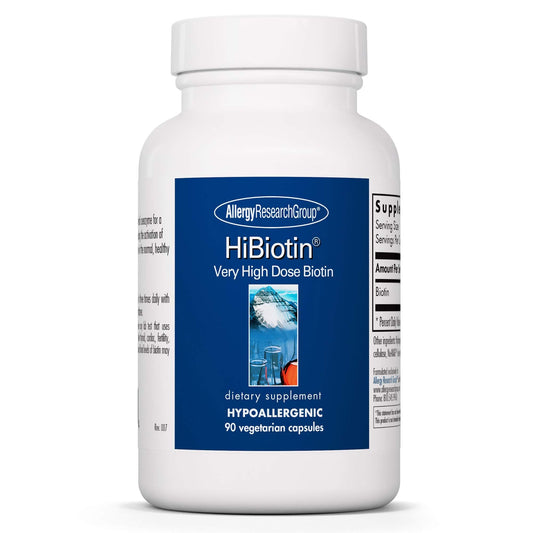 HiBiotin supplement bottle label showing Allergy Research Group