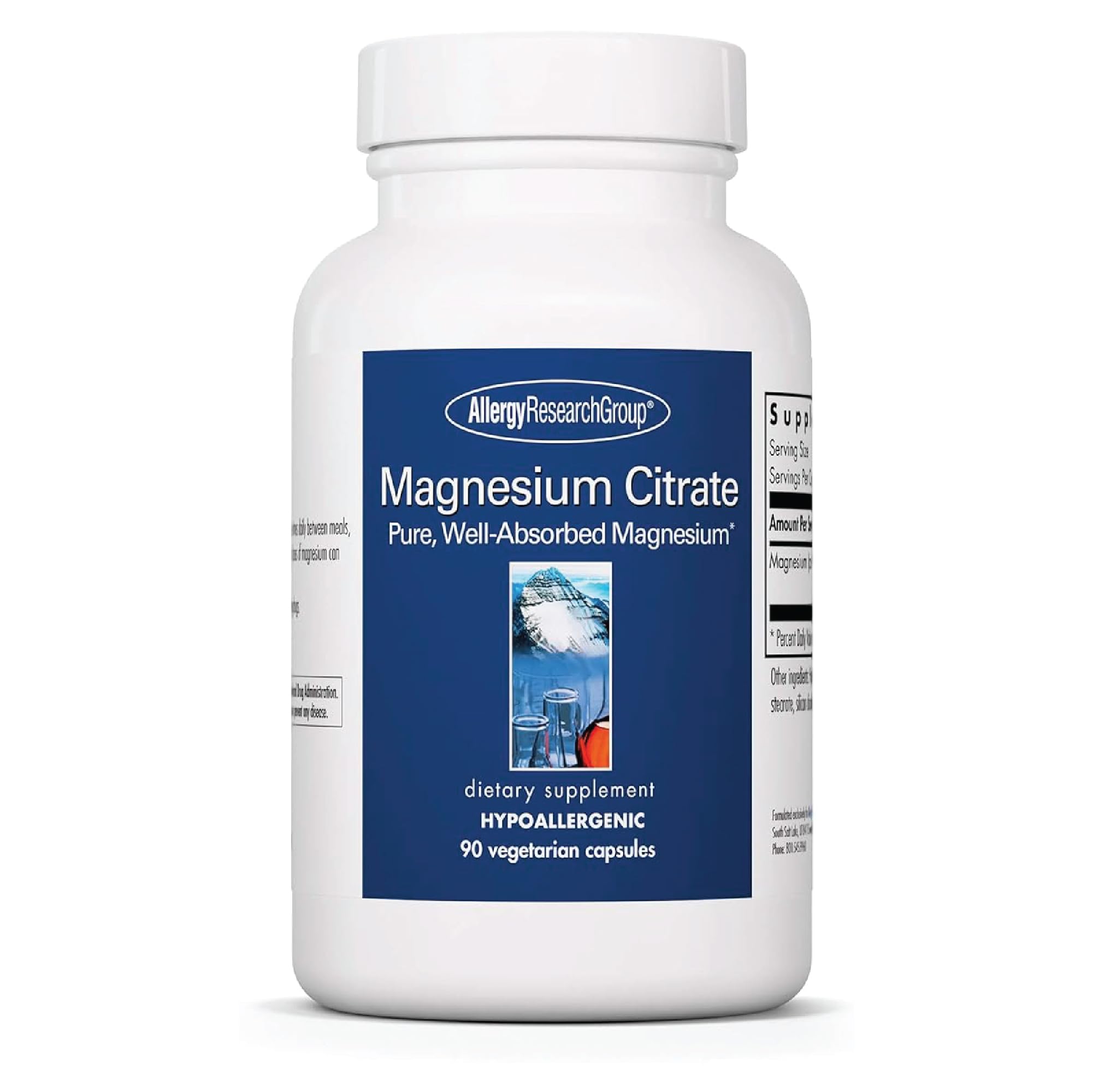 Bottle of Allergy Research Group Magnesium Citrate Dietary Supplement with 90 vegetarian capsules