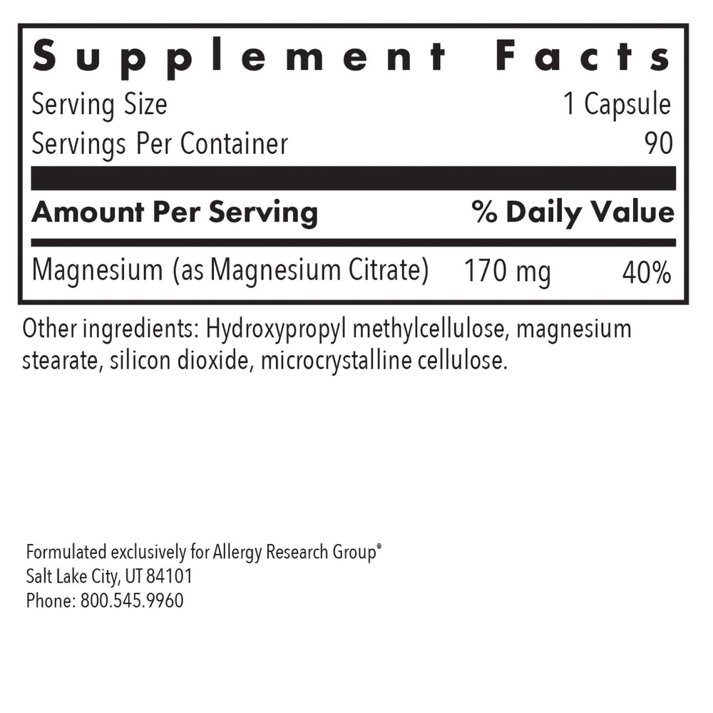 Supplement facts panel highlighting 170 mg magnesium per capsule