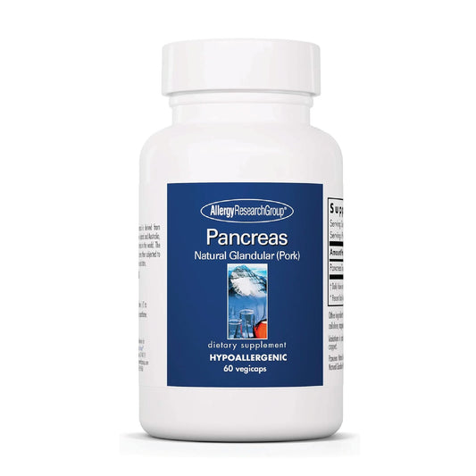 Bottle of Allergy Research Group Pancreas Pork Supplement on white background