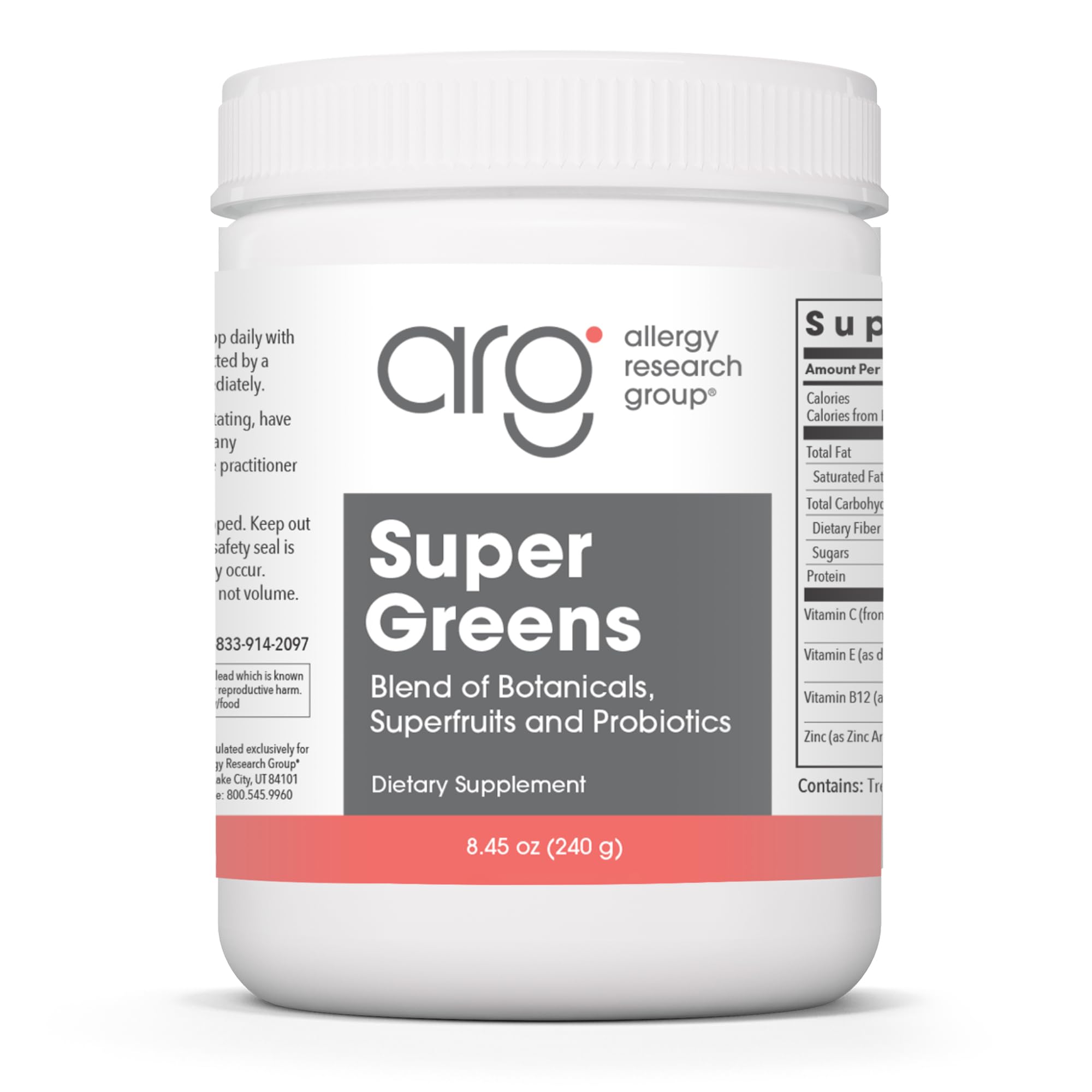 Hero image showing Allergy Research Group Super Greens 8.45 oz container